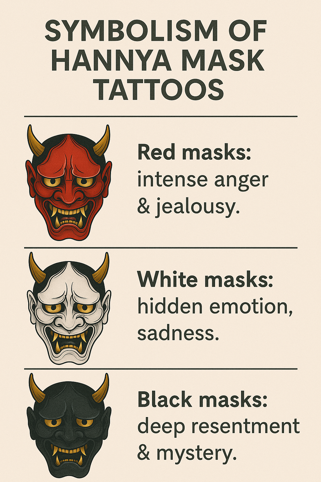 Infographic comparing red, white, and black Hannya masks